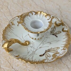Vintage French Porcelain Gold White Hand Painted Bees Chamberstick Candle Holder